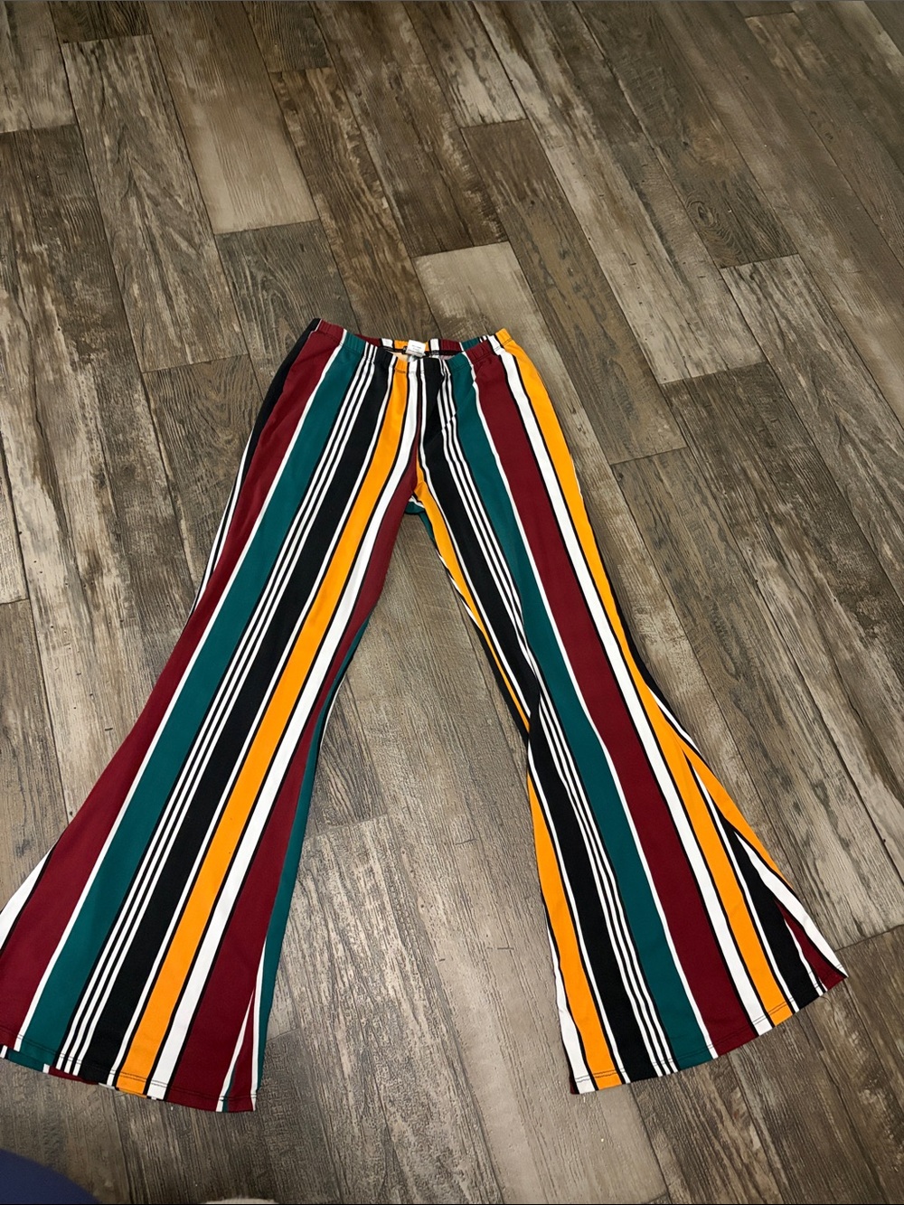 Fashion Nova women Striped Flare Pants — Teal, Burgundy, Yellow, Black